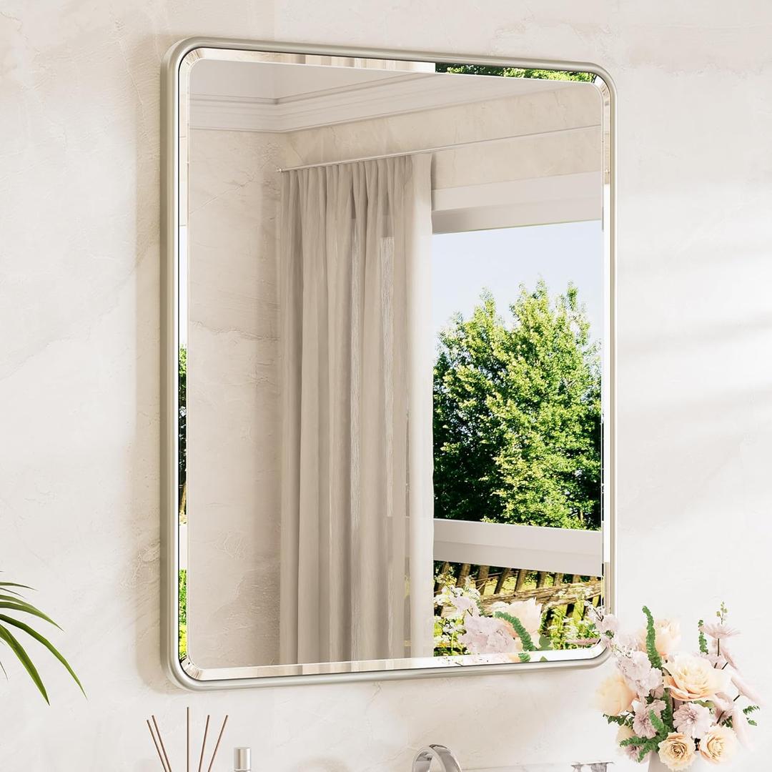 TETOTE Brushed Nickel Mirrors for Wall 30 x 36 Beveled Edge Tempered Glass, Rounded Corner Rectangle Framed Mirror for Modern Bathroom, Living Room, Bedroom, Entryway