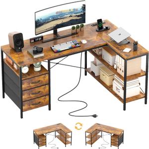 MUTUN L Shaped Computer Desk with 3 Drawers & Power Outlets, 47 Inch Corner Desk with Reversible Storage Shelves, PC Table for Home Office Bedroom (Rustic Brown, 47 Inch)