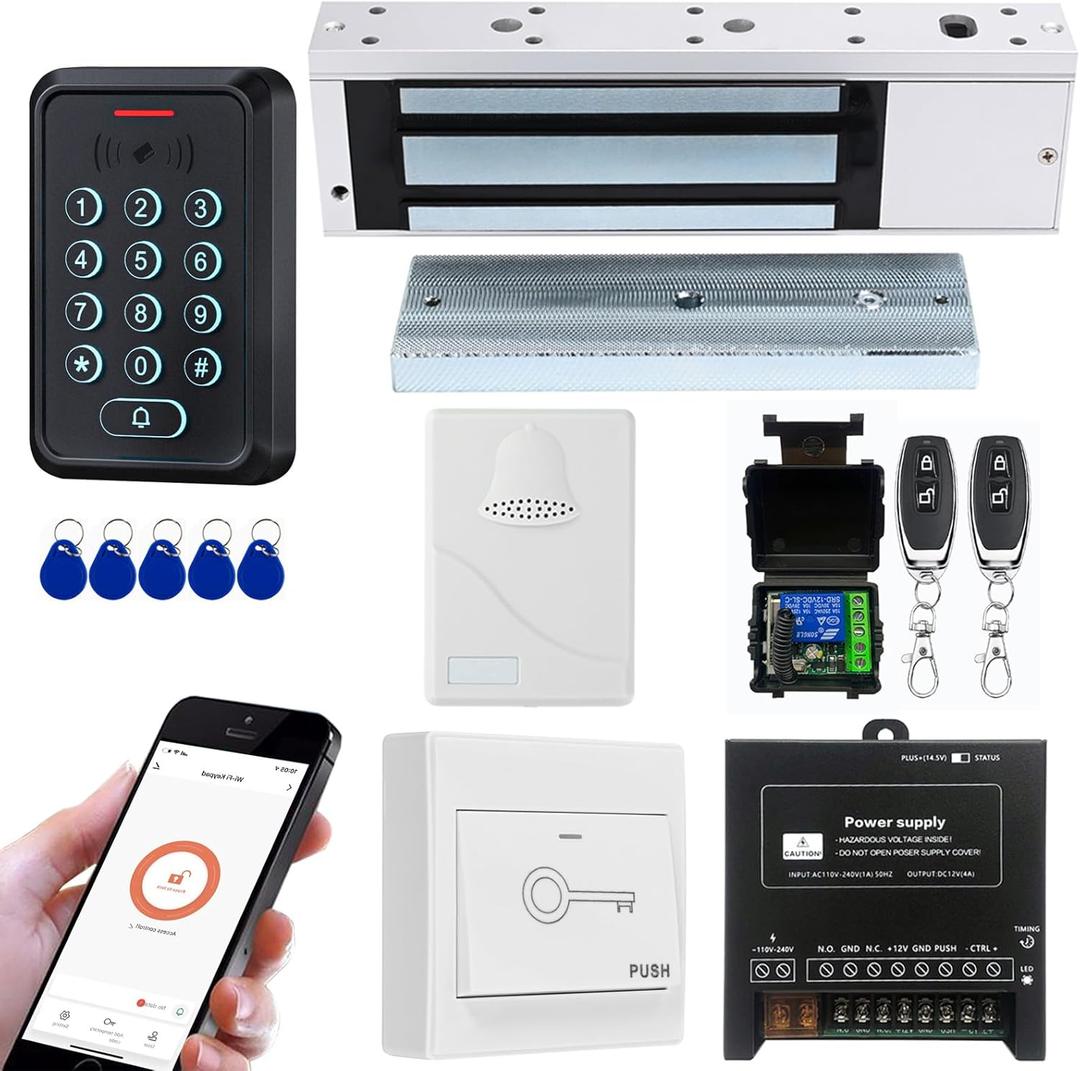 Smart Door Access Control System with 500KG 1200lbs Magnetic Lock, WiFi & Tuya App Remote Unlock, Waterproof Keypad Reader (ID & IC Card), Power Supply, Exit Button, Doorbell & Remote Controls