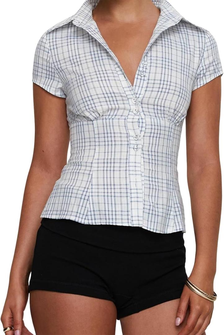 Women's Plaid Shirt Button-up Short Sleeve Collared Slim Fit Casual Summer Blouse Tops (Blue, M)