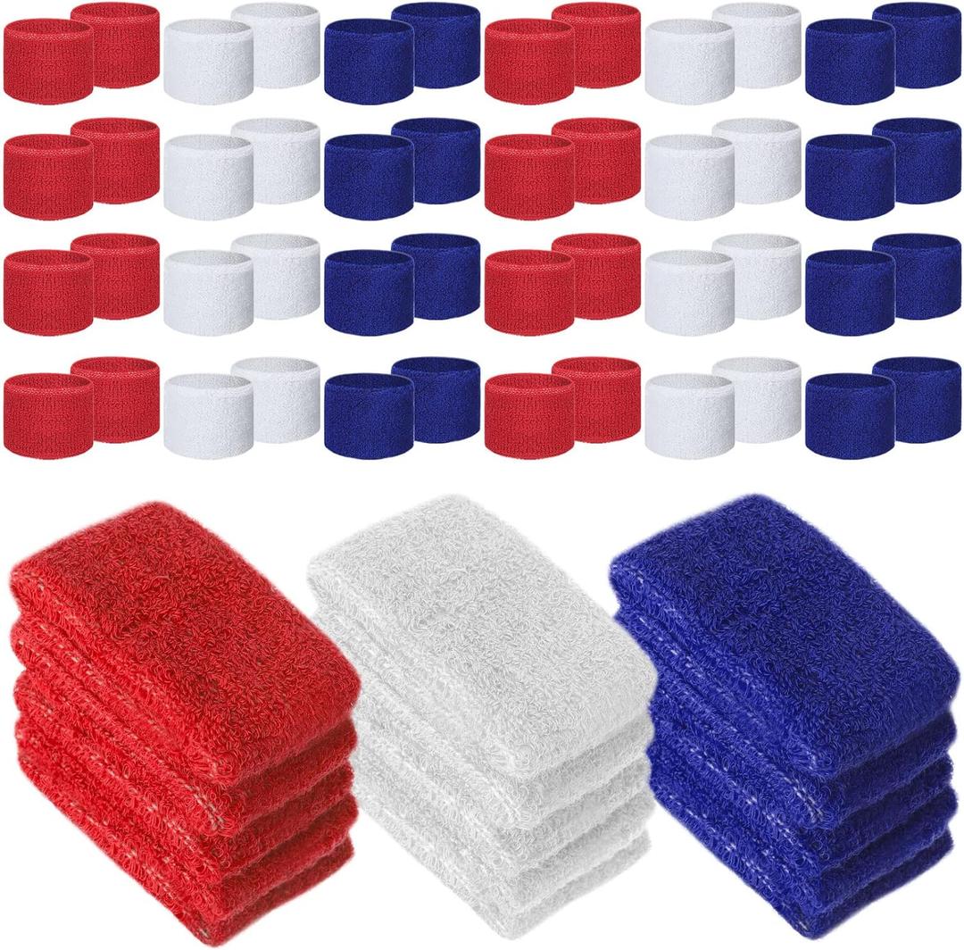 Leyndo 72 Pcs Wrist Sweatbands Bulk for Kids Field Day Cotton Terry Sweat Bands Sports Fan Wristbands Kids for Summer Camp Student Football Team Competition Party (Red, White, Navy Blue)