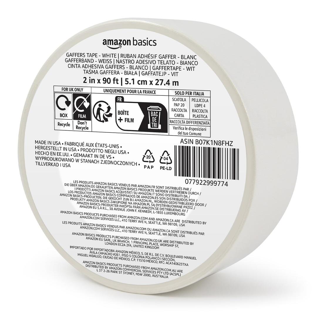 Amazon Basics No Residue, Non-Reflective Gaffers Tape, Multipurpose for Photography, Filming, Electrical Cords, 2 inch x 90 feet, White