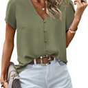 PRETTYGARDEN Short Sleeve Tops for Women 2026 Summer V Neck Western Chiffon Button Down Shirts Dressy Casual Work Blouses, Small