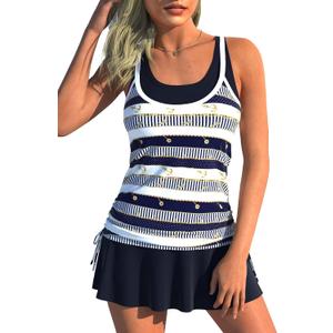 MODLILY Fake 2 in 1 Womens Tankini Bathing Suits, Moderate Coverage Two Piece Swimsuits, Tank Top with Skirts (XL)