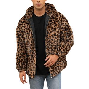 SOMTHRON Men's Faux Fur Leopard Hooded Jacket Shaggy Coat Zip Up Winter Warm Fluffy Furry Parka Overcoat YE-M