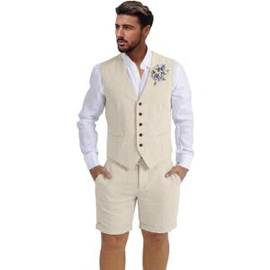 Mens Linen Suit 2 Piece Short Suits for Men Casual Summer Beach Wedding Suit Linen Beige Vest Shorts Set, X-Small