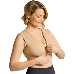 Tommie Copper Shoulder Support Compression Bra with Front Zipper Closure Wireless Posture Corrector & Back Support Bra UPF 50 (Large, Nude)