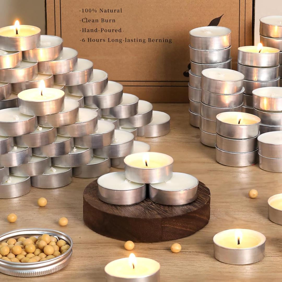 50 Pcs Soy Wax Tealight Candles,100% Natural- 4 Hours White Soy Tea Lights Candle, Paraffin-Free/Unscented Small Tea Candles for Party, Home, Wedding, Emergency