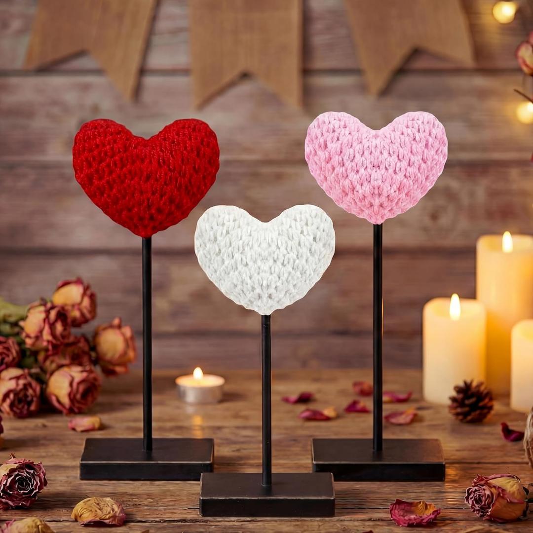 Yousoontic 3 Pack Valentine's Day Table Decor Crochet Heart Sign Centerpiece Knitted Woven Heart Shape Tall Standing Tabletop Sign for Valentines Tiered Tray Home Wedding Decoration(Multicolor)
