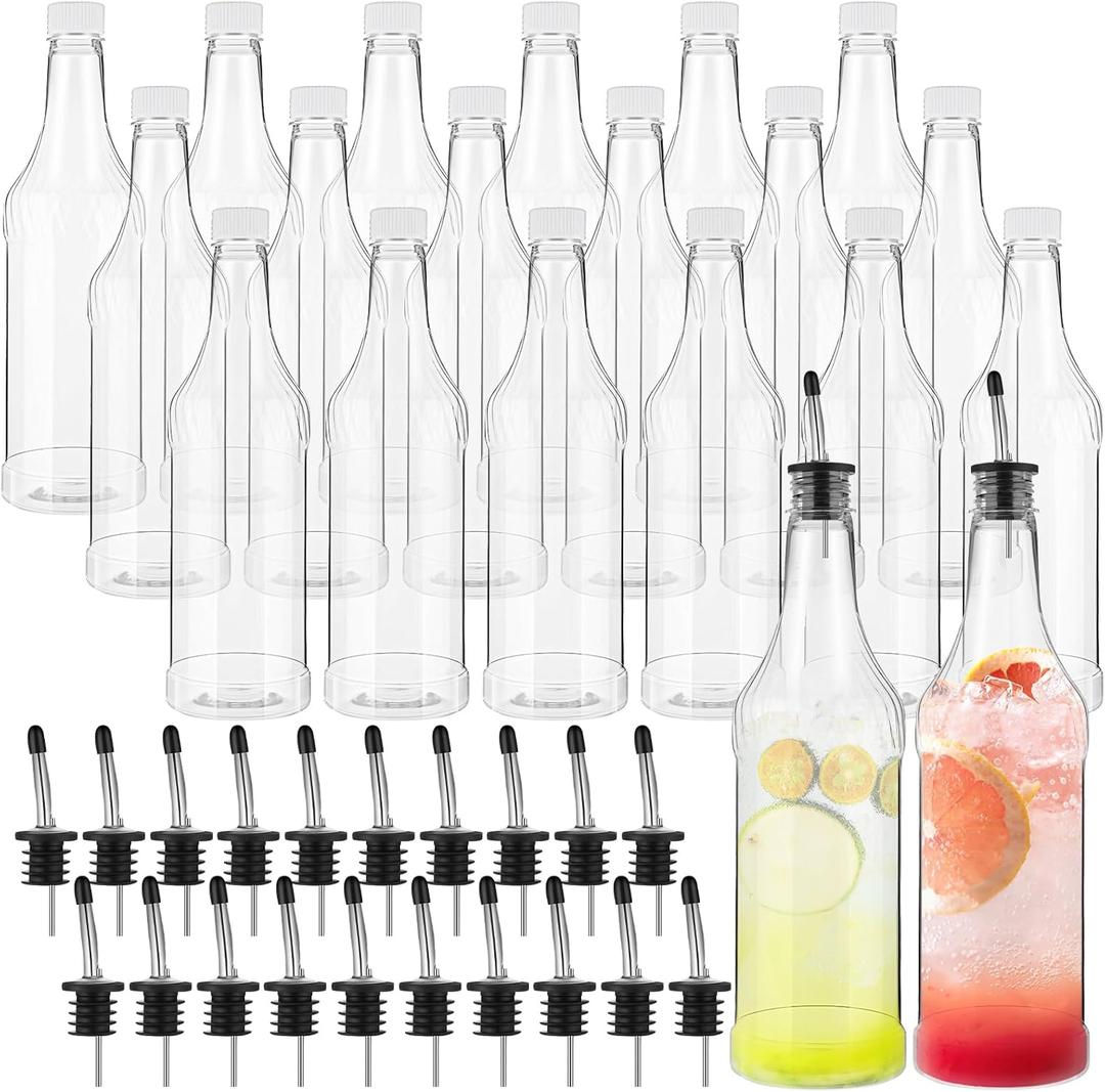 Dandat 40 Pcs 32 oz Plastic Long Neck Bottles with Pourer and Caps Plastic Juice Pour Bottles with Stainless Steel Pourer Tapered Spout for Liquor Juice Store (Sliver)