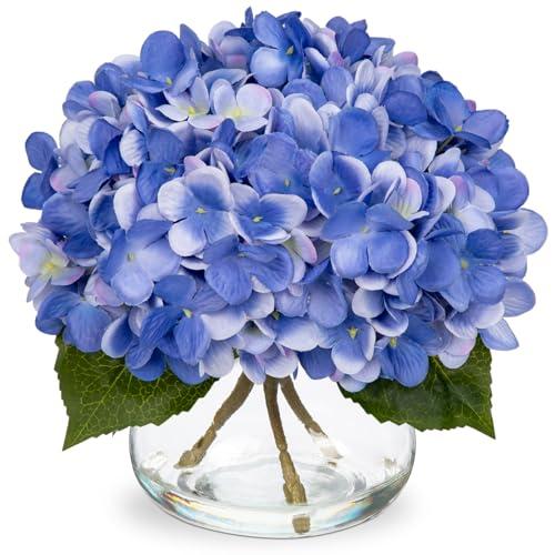 Hollyone Hydrangea Artificial Flowers with Vase Slate Blue Silk Fake Flowers Arrangements Floral Bulk Bouquet in Glass Vase with Faux Water for Home Bathroom Office Table Centerpiece Shelf Decorations