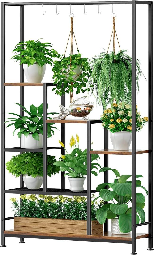 Plant Stand Indoor with Grow Lights - 7-Tier Metal Wooden Plant Shelf Indoor, 67.7" Tall Plant stand, Corner Plant Stand for Living Room, Balcony, Patio & Corner (Rustic Brown)