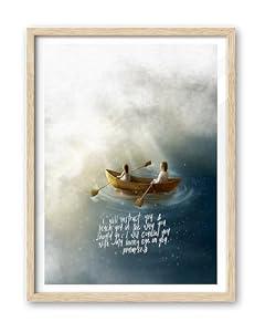 iHery Natural OAK Wood Framed Wall Art, 12x16 in Jesus and Woman on Boat Christian Bible Verse Psalm 32:8 Canvas Art, Modern Sketch Scripture Bedroom Decor, Beige Boho Set of 1 For Living Room