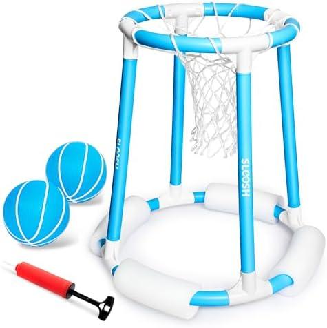 Sloosh Pool Basketball Hoop Set, Floating Basketball Pool Game, Swimming Floats Toys with Balls Pump, Summer Outdoor Water Play Toy for Kids and Adults (Blue)