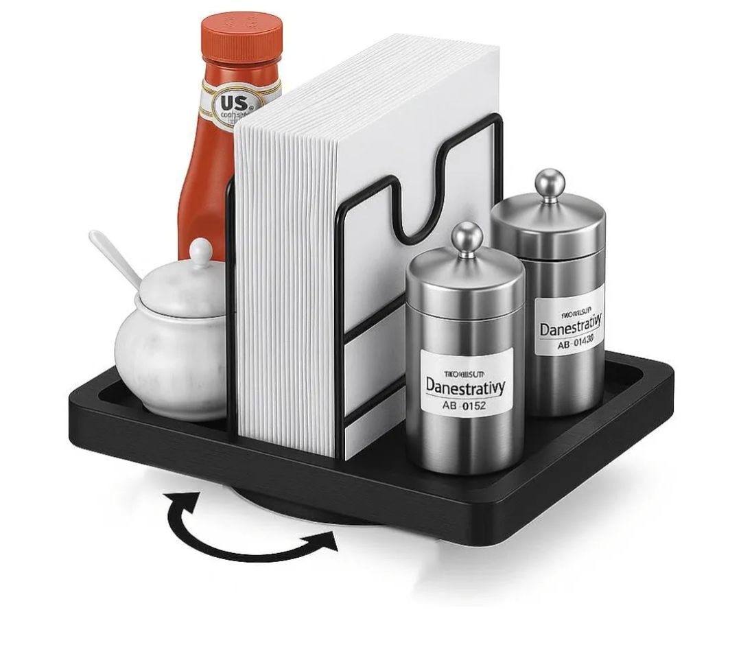 Lazy Susan Napkin Holder, 360° Rotating Napkin Holders Metal Dining Napkin Dispenser Fit Salt and Pepper Shakers Condiment Holder, Standing Paper Napkin Storage for Kitchen, Black