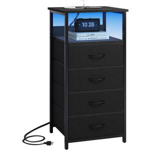 Fixwal Night Stand with Charging Station, Tall Nightstand with U-S-B Ports and Outlets, 4 Fabric Storage Drawers with PU Finish, Small Dresser Bed Side Table, Black