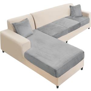NAISI Sectional Couch Cover 4 Pieces Velvet Separate Couch Cushion Covers L Shape Soft Stretch Sofa Slipcovers with 2pcs Pillowcases for Left/Right Chaise Sectional Couch(3 Seater+1 Chaise,Light Grey)