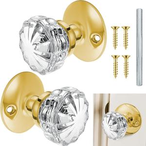 Amylove 1 Set Glass Door Knobs Antique Crystal Door Knobs Vintage Mortise Style Fluted Replacement Kit with 2-1/2 in Satin Brass Privacy for Bedroom Bathroom(Gold)