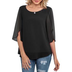 Neineiwu Womens Casual Scoop Neck Loose Top 3/4 Sleeve Chiffon Blouse Shirt Tops, Black, XL