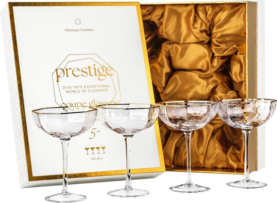 Small 5 oz Octagonal Prestige Coupe Glasses with Gold Rims for Cocktails and Champagne | Set of 4 | Crystal Angled Long Stemmed Glassware for Espresso Martini, Daiquiri, Gimlet, Cosmopolitan