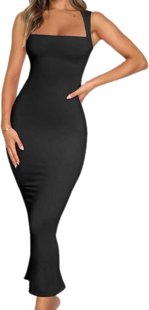 Womens 2024 Summer Sleeveless Dress Causal Square Neck Back Slit Bodycon Vacation Maxi Dresses Black S