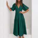 Women's Summer Deep V Neck Puff Short Sleeve Tiered Maxi Dress Flowy A Line Long Dresses (Green, L)