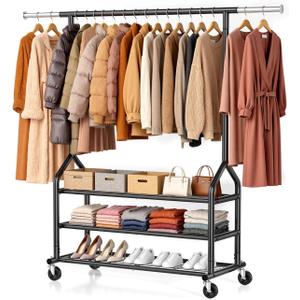 Heavy Duty Clothing Rack, Rolling Clothes Rack with 3 Shelves, Black