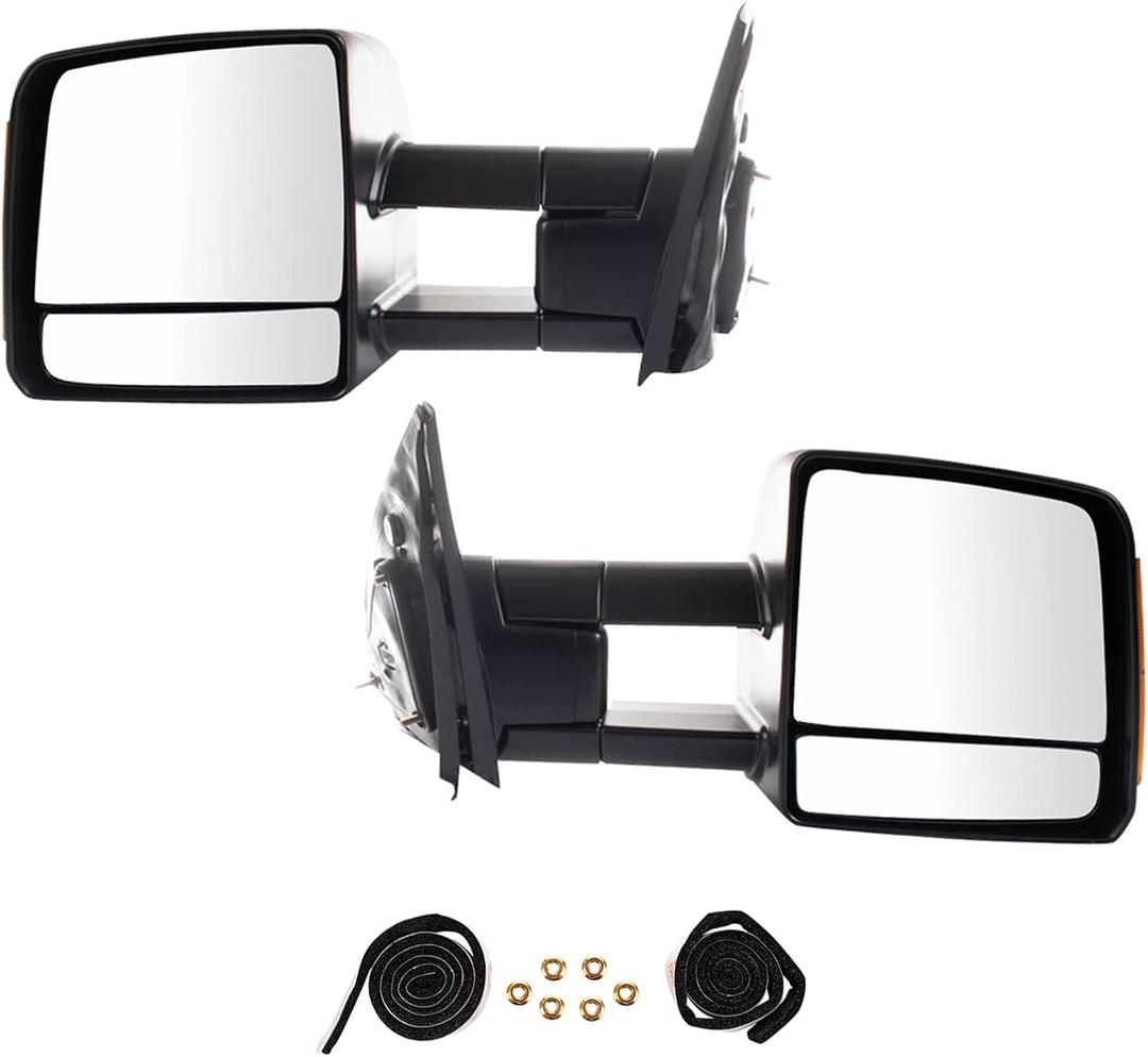 Trail Ridge Towing Mirror Pair Power Heated Amber LED Signal Clearance Light Manual Folding Manual Telescoping Textured Black Finish for 2007-19 Toyota Tundra