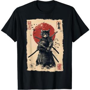 Vintage Japanese Art Anime Graphic Samurai cat Warrior T-Shirt, M