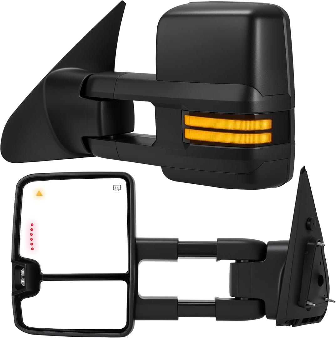 Tow Mirrors Compatible with 2007-2021 Tundra, 2008-2017 Sequoia, Extended Trailer Towing Side Mirrors with Blind Spot Monitoring, Sequential Switchback Turn Signal, Power Heated, Black, Large