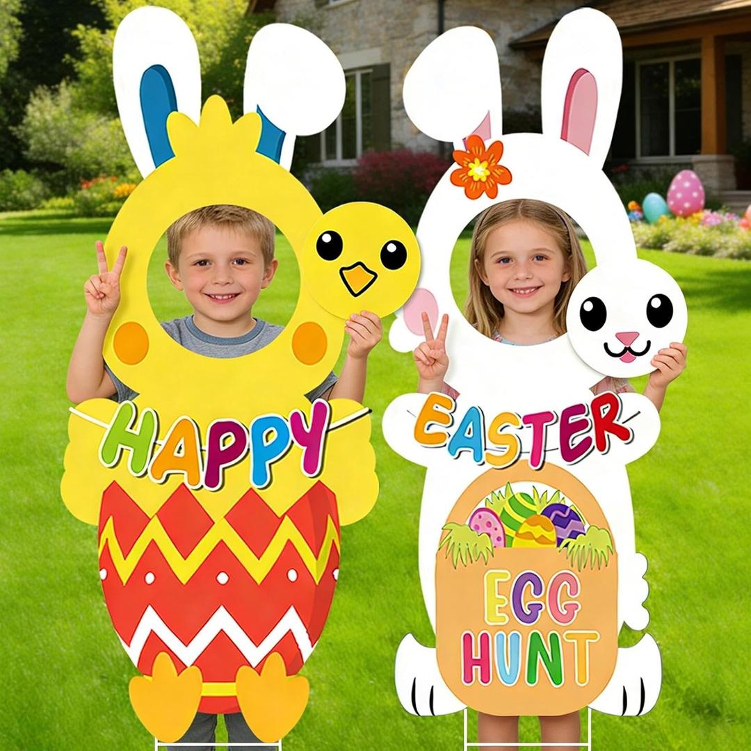 Easter 2 Pack 37.8in Face Yard Signs Egg Hunt Decoration, Bunny Backdrop with Stakes Photo Prop for Garden Outdoor Porch