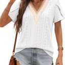 siliteelon Womens Blouses Boho Lace V Neck Short Sleeve Eyelet Shirts Summer Dressy Casual Beach Vacation Tops (L)