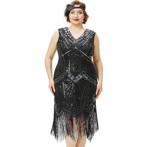 BABEYOND Women's Plus Size Flapper Dresses 1920s V Neck Beaded Fringed Great Gatsby Dress (5X-Large, Glam Black)
