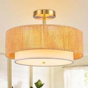 SineRise 16'' Rattan Flush Mount Ceiling Light Fixture,2-Tier Drum Hand-Woven Boho Flush Mount Ceiling Light,Farmhouse Light Fixture for Living Room,Kitchen,Bedroom Foyer Entryway ect.