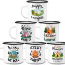 Baderke 6 Pcs Enamel Camping Mugs Set 12 oz Coffee Mugs with Handle Portable Camp Drinking Cups Vintage Metal Mug Bulk Happy Campers Campfire Tea Cups for Outdoor Travel Camping Holiday Gifts(White)