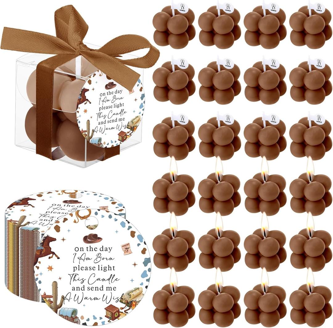 MTLEE 24 Sets Cowboy Baby Shower Favors Small Bubble Candle Baby Shower Favors for Guests Tea Candles Bulk with Stylish Ribbons Cards Gifts Party Decorations (Brown, Cowboy)