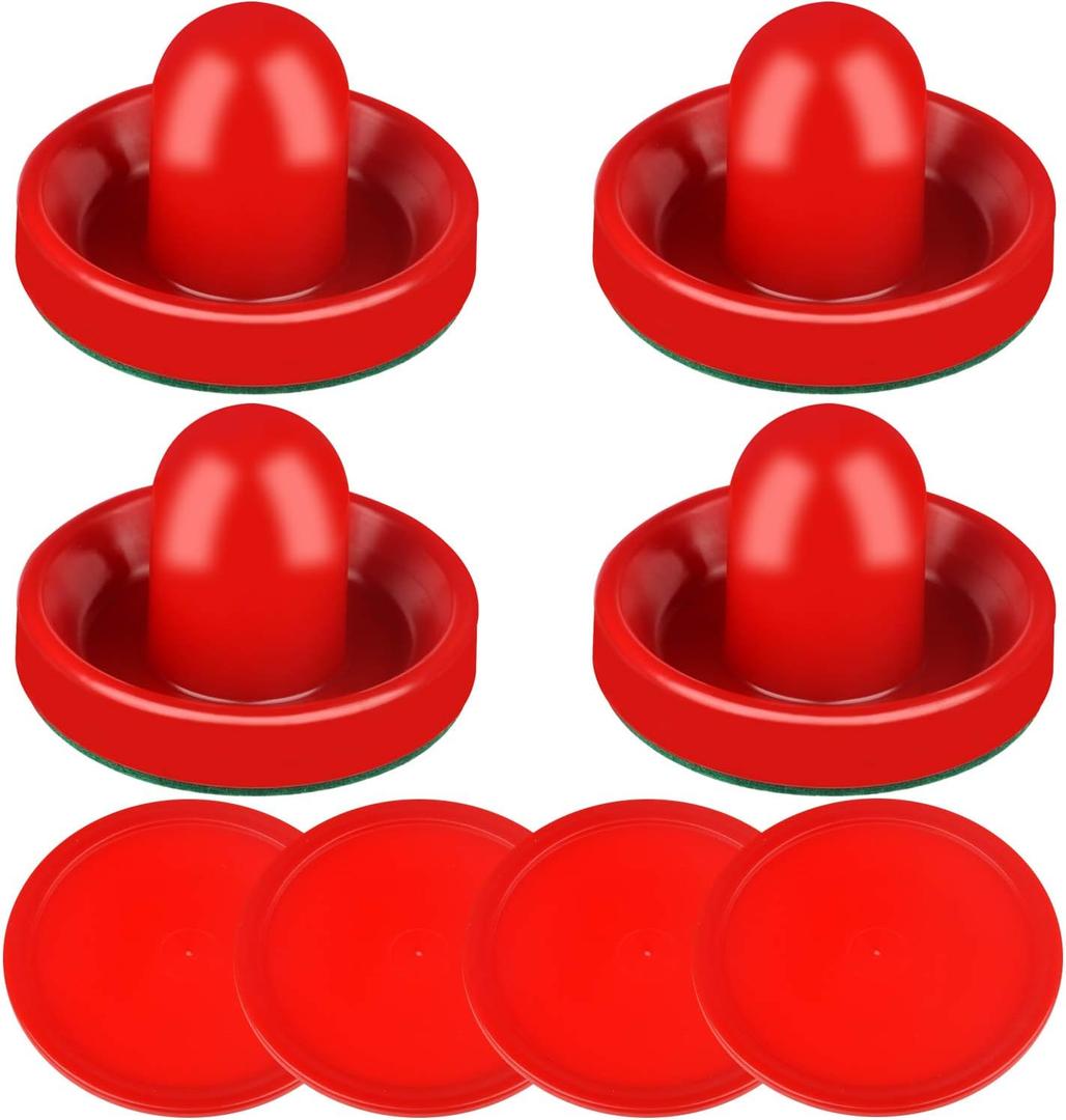 ONE250 Air Hockey Pushers and Red Air Hockey Pucks, Goal Handles Paddles Replacement Accessories for Game Tables (4 Striker, 4 Puck Pack)