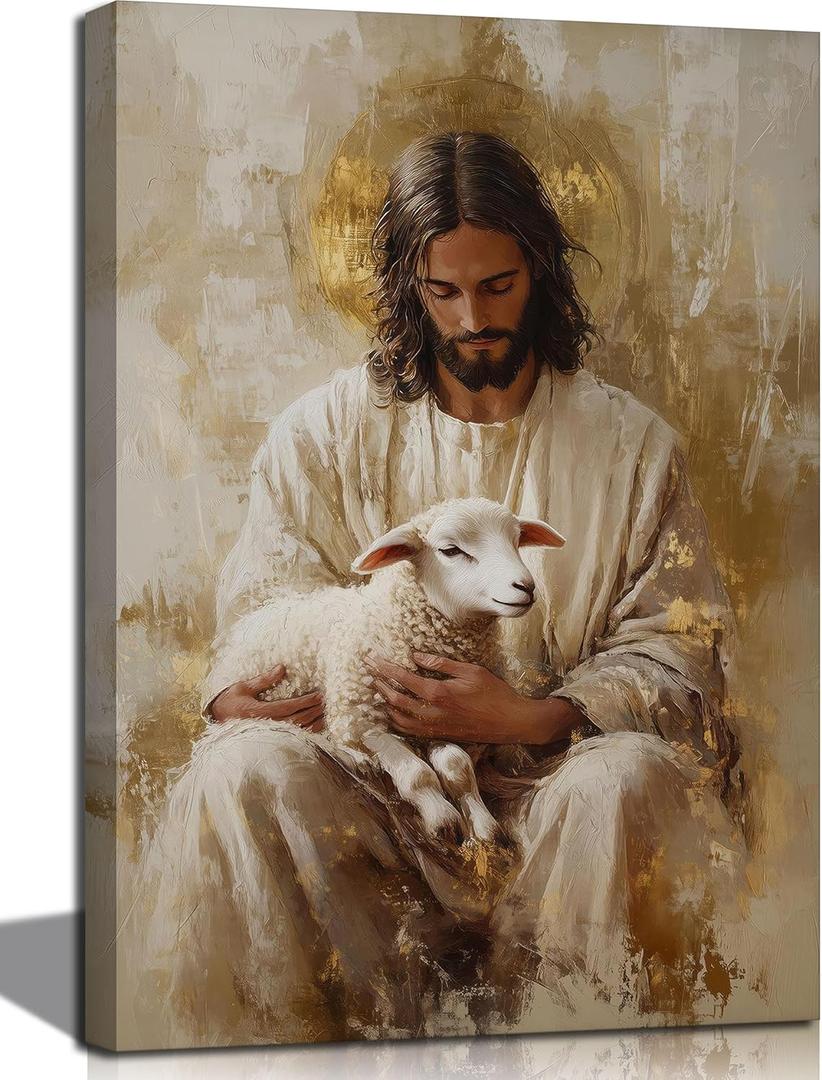 Jesus and Lamb Canvas Wall Art Abstract Christian Poster Prints Bible Stories Picture Artwork Wall Decor for Bedroom Living Room Prayer Room Church 24x16in Framed