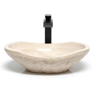 Oval Travertine Vessel Sink Natural Stone Wash Basin, Hand-Carved Bathroom Sink with Chiseled Exterior & Polished Interior, Above Counter Vanity Basin (Includes Matching Soap Tray), 14"Wide x 19.5"Length x 6" Height