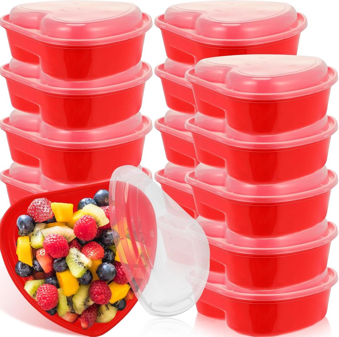 Layhit 15 Pcs Valentine's Day Heart Containers Plastic Food Storage Containers with Lids Heart Shaped Disposable Dessert Lunch Box for Kitchen Restaurant Fruit Vegetable (Red,28 oz)