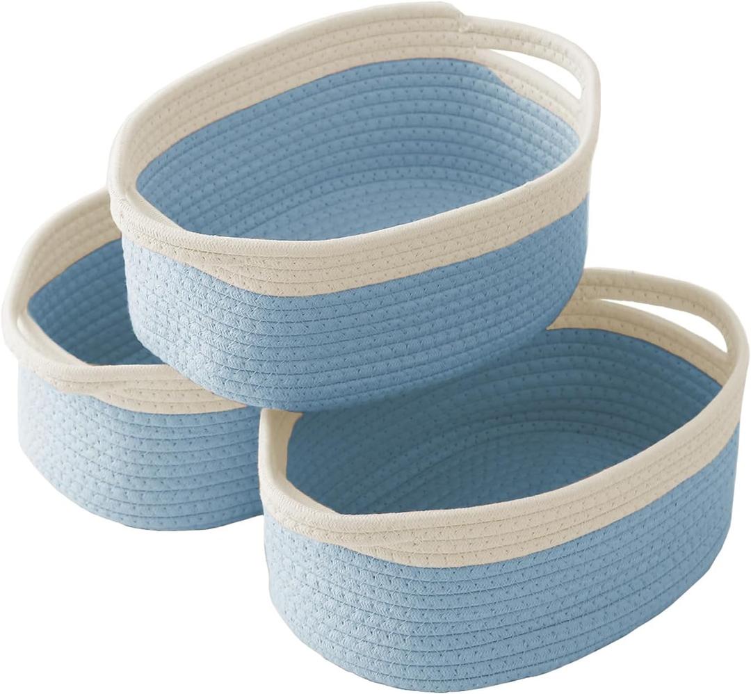 JMvicyroam Woven Basket,Small Rope Storage Bin with Handles & Ribbon Bag, Organizer for Shelves Closets,Gift Basket Empty for Birthday,Books,Dog Toys, White&Blue/3 Pack