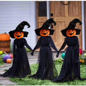 Halloween Decorations, Set of 3 Light Up Pumpkins Witches with Stakes，Voice Control Witch Glowing Head Waterproof for Outside Garden Statue Decoration Grass Lawn