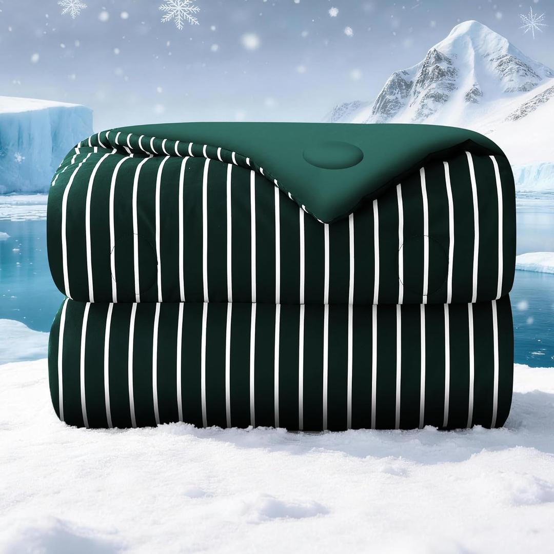 Cooling Comforter Queen Size, Q-Max 0.45 Reversible Striped Cooling Blanket for Hot Sleepers, Breathable Lightweight Silk Smooth Summer Bedding, Quilted Ice Blanket, Emerald Green