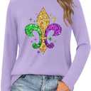 LAZYCHILD Mardi Gras Shirt for Women: Fat Tuesday Shirts Mardi Gras Long Sleeve New Orleans Carnival Party Tops (Purple, XL)