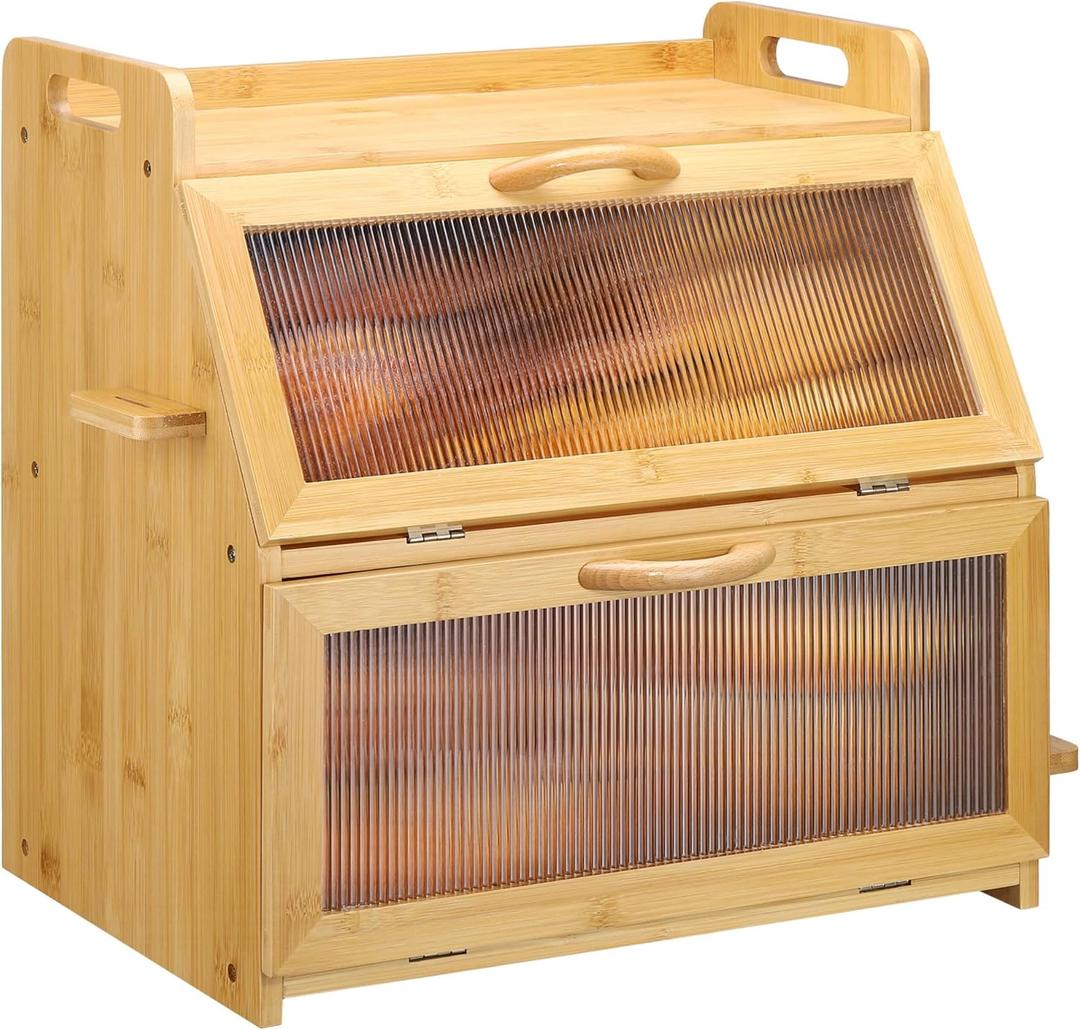 GLOKUUCA Bread Box for Kitchen Countertop, Large Bread Storage Container for Homemade Bread, Bamboo Farmhouse Organizers, Double Layer Bread Bin with Acrylic Window Holder, Natural