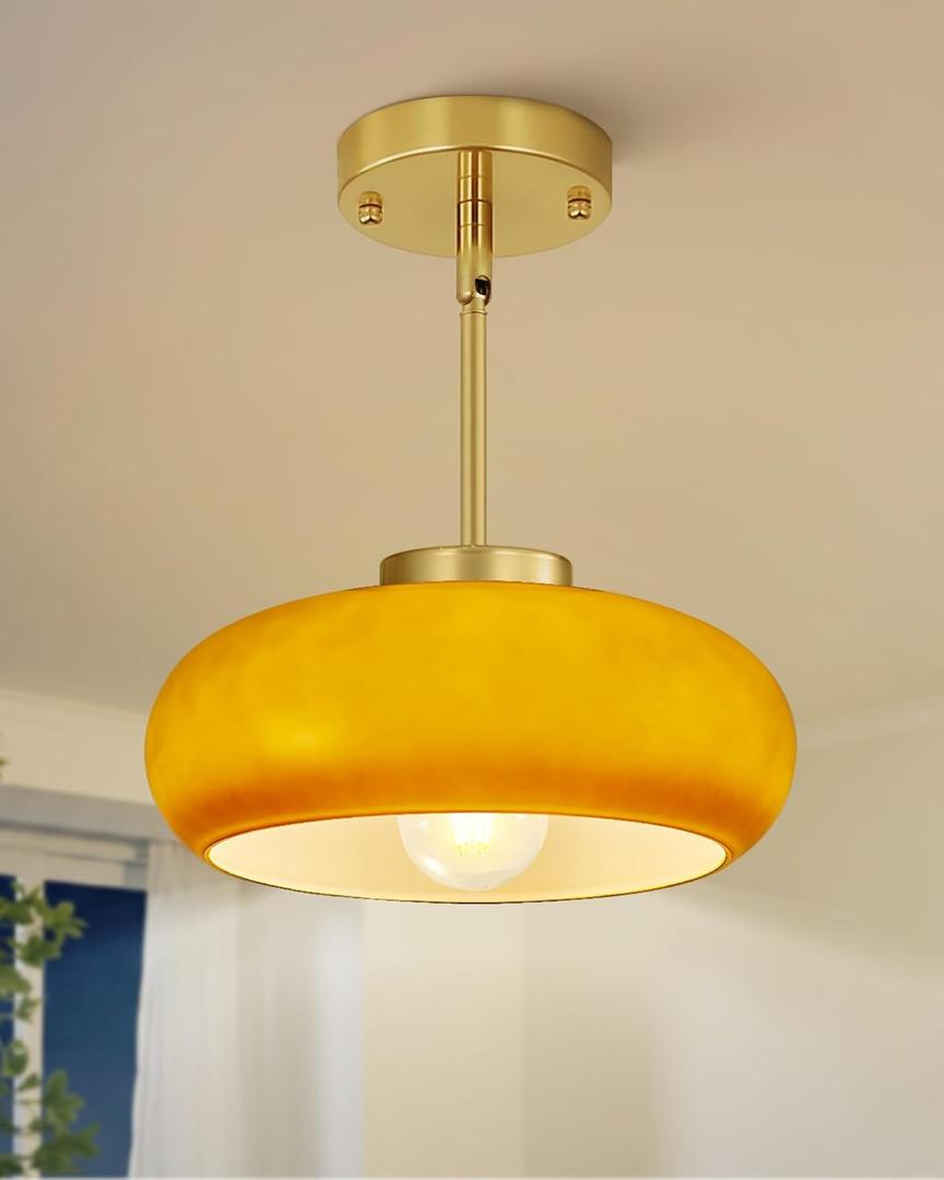 Yunnix Semi Flush Mount Ceiling Light, Gold Light Fixture, Mid-Century Modern Farmhouse Brown Glass Small Light Fixtures for Hallway, Bathroom, Kitchen, Bedroom, Living Room, Closet, Laundry (11 inch)