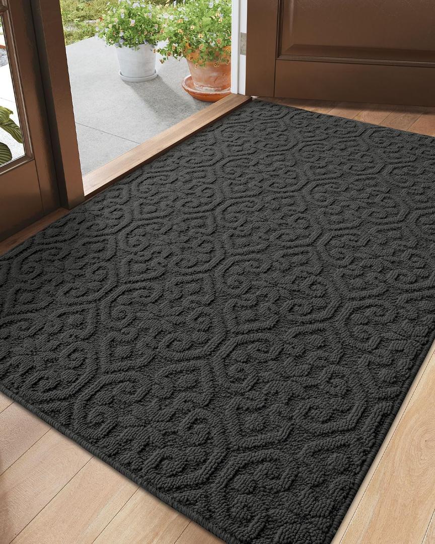 DEXI Front Door Mat Indoor Entrance, 3x5 Non Slip Entryway Doormat Dirt Trapper, Absorbent Entry Mats for Inside House, Patio, Porch, Dark Grey