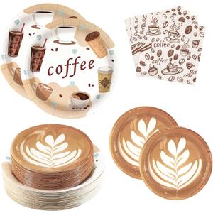 180Pcs Coffee Party Supplies Serves 60,Fun Coffee Cup Theme Paper Plates and Napkins Set for Baby Shower Birthday Party Decorations