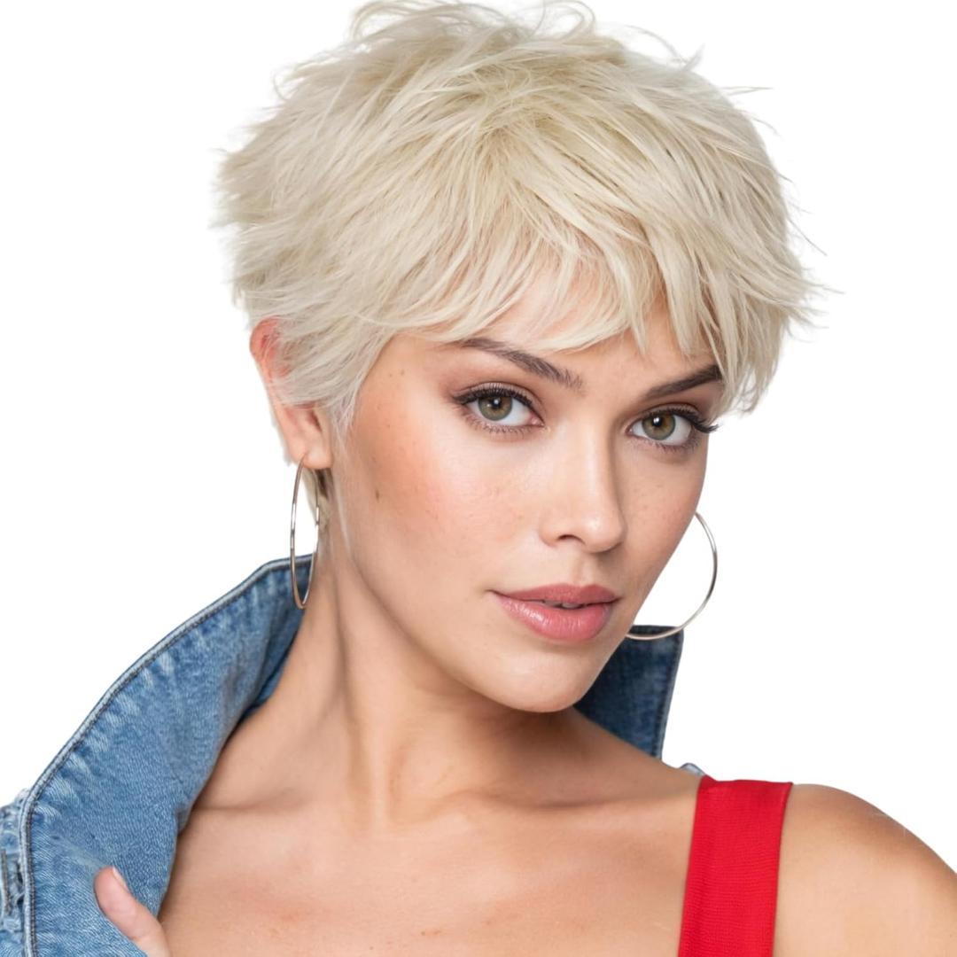 BECUS Pixie Cut Wig for Women, Short Platinum Blonde Wig, Natural Looking Straight Synthetic Short Wigs, Lightweight Daily Wear Wigs for Women, Halloween Cosplay Party