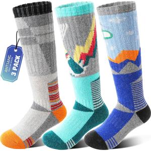 ANTSANG 3 Pairs Kids Merino Wool Ski Socks Boys Girls Thermal Thick Warm Winter Cozy Socks for Skiing Snowboarding (8-12 Years, Skate-green Blue Grey)